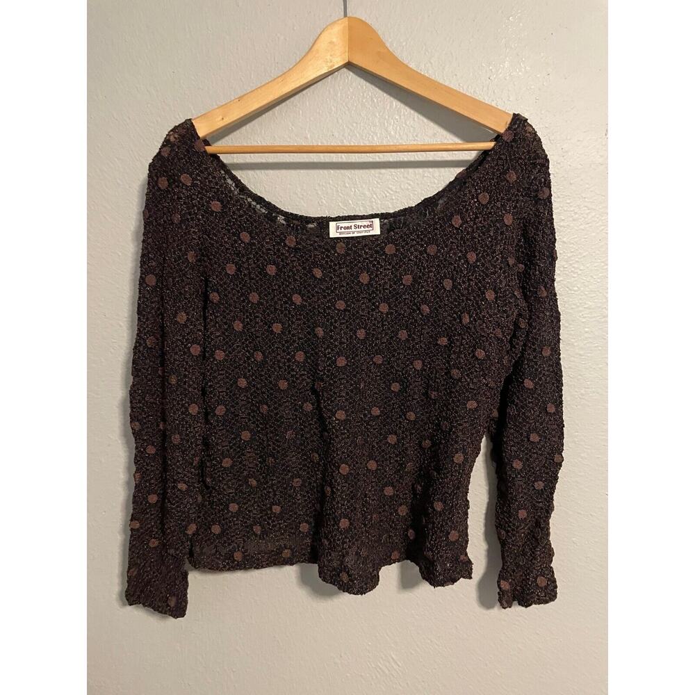 Vintage Front Street Womens Crop Top Large Brown Floral Embroidered Mesh Grunge